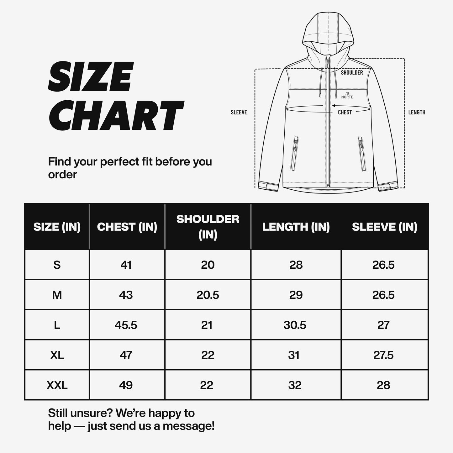 Size chart graphic for a hooded jacket showing chest, shoulder, length, and sleeve measurements in inches for sizes Small through Double XL.