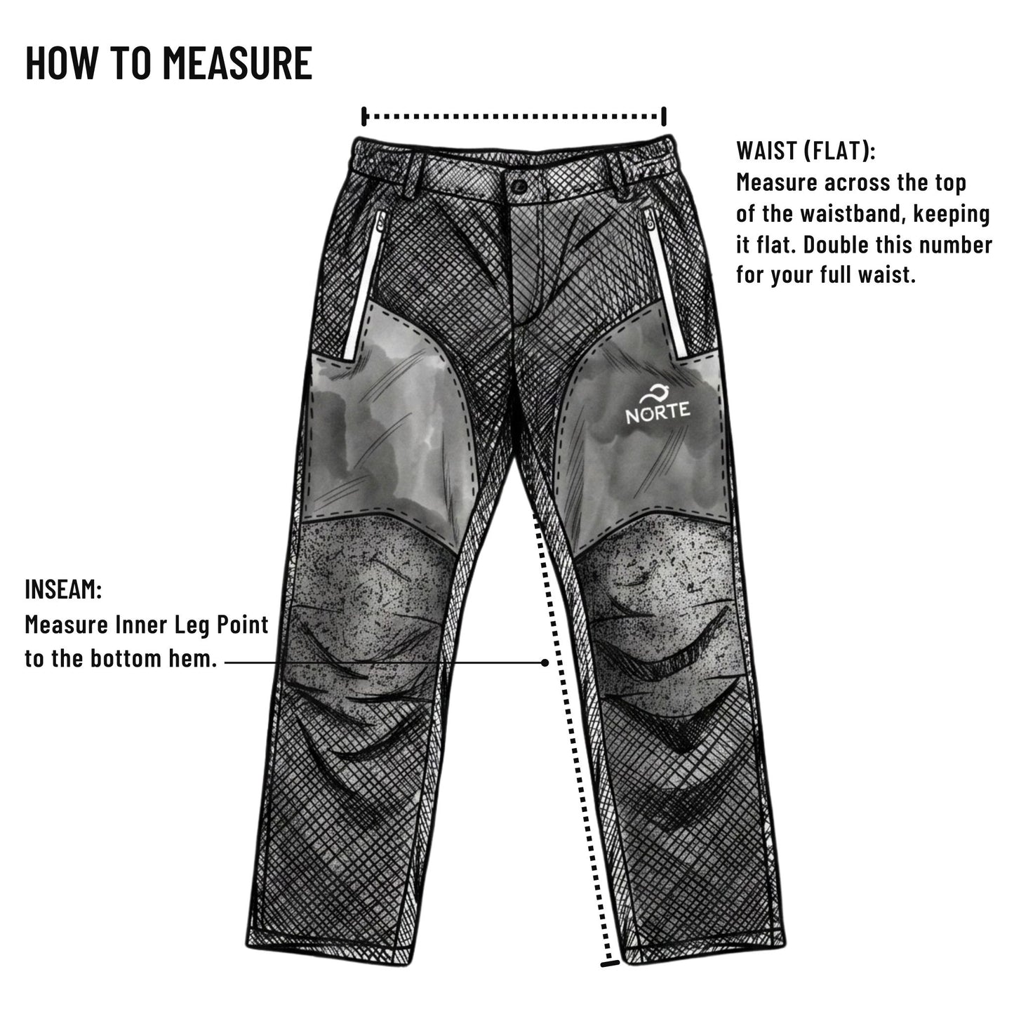 How to measure guide for Norte performance hiking pants, showing waist and inseam measurement lines for men's technical apparel.