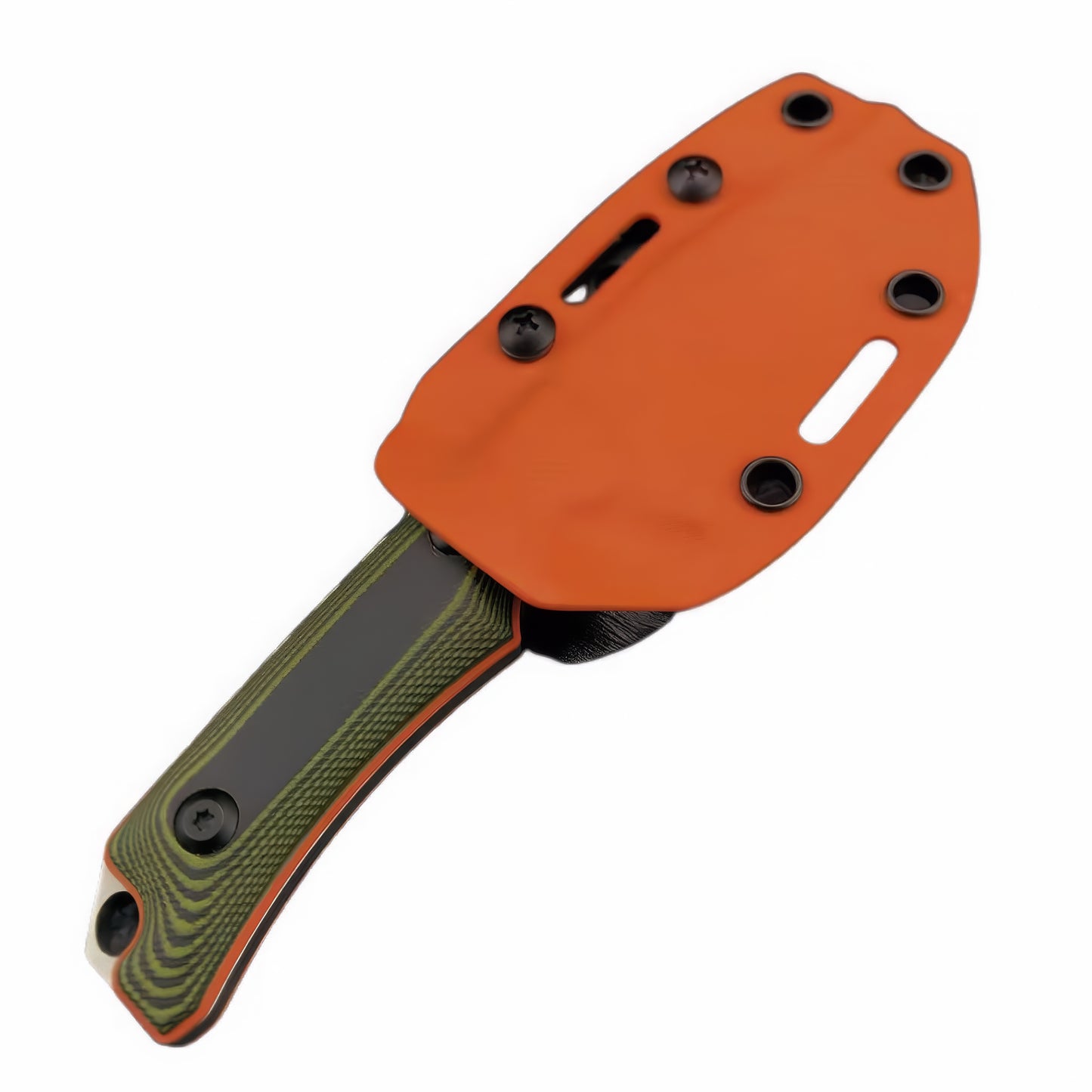 Norte Field & Camp Fixed Blade in a high-visibility Blaze Orange Kydex sheath featuring a Forest Moss G10 handle with an integrated lanyard hole.