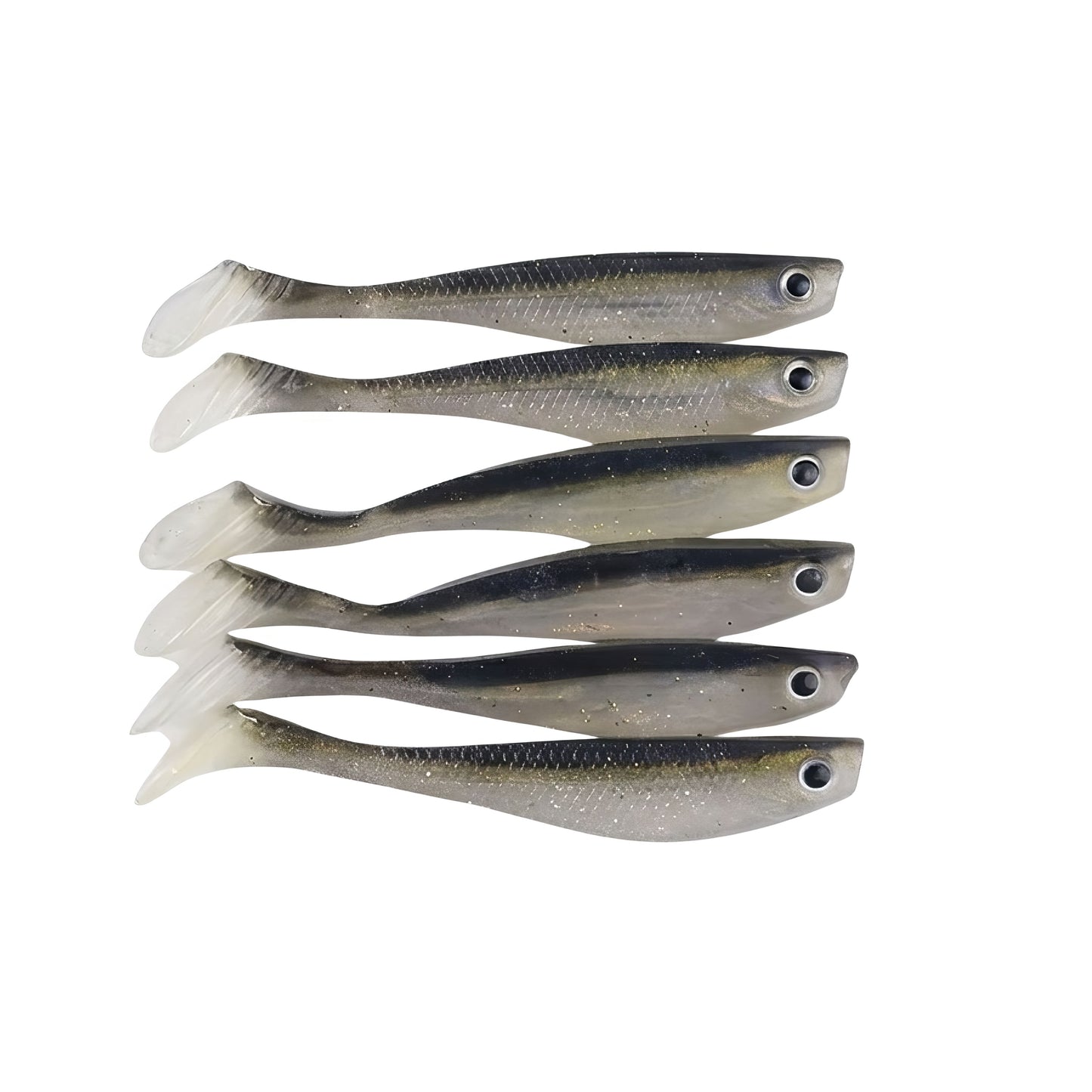 Six Norte Outdoors soft plastic paddle-tail swimbaits in an "Electric Shad" pattern, featuring a dark back, glitter-infused clear belly, and realistic 3D eyes.