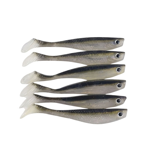 Six Norte Outdoors soft plastic paddle-tail swimbaits in an "Electric Shad" pattern, featuring a dark back, glitter-infused clear belly, and realistic 3D eyes.