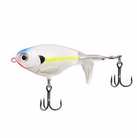 Norte Outdoors topwater plopper fishing lure featuring a white body with a blue back and a neon yellow lateral line, clear rotating prop tail, and dual treble hooks.