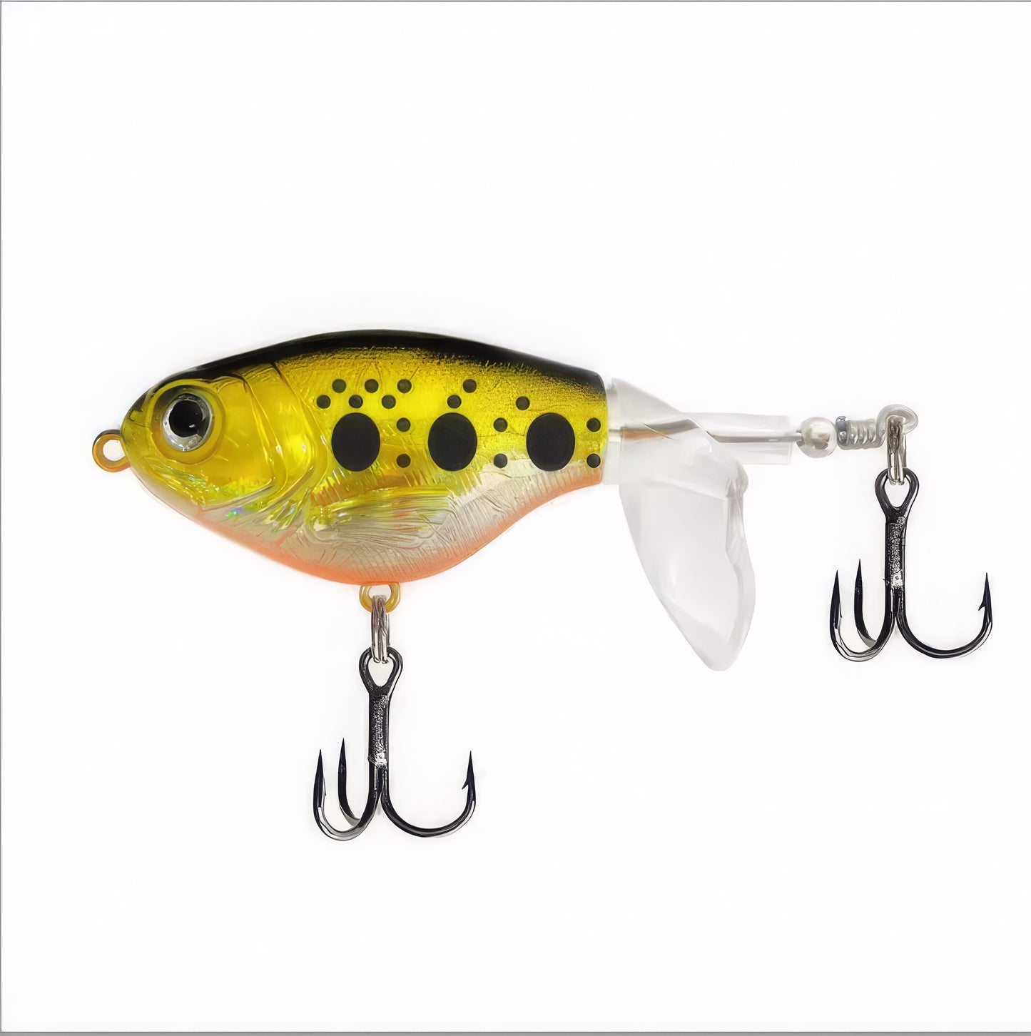 Norte Outdoors topwater plopper fishing lure with a yellow and green spotted frog pattern, clear rotating prop tail, and dual treble hooks for topwater bass fishing.