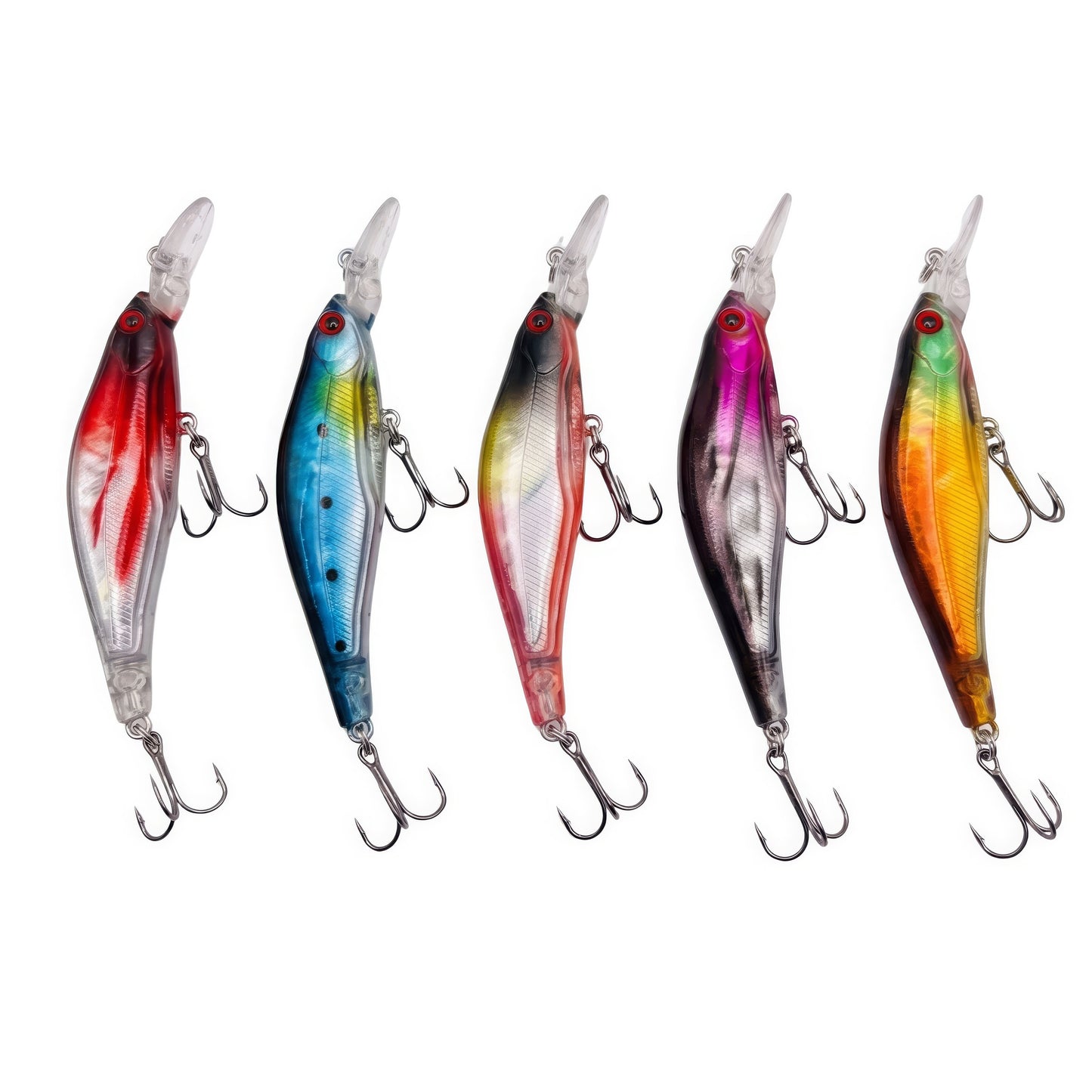 Five colorful, deep-diving fishing lures with long clear lips and treble hooks arranged in a row against a white background.