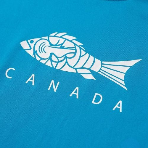 A white stylized fish graphic printed on bright blue fabric, angled above the bold capital word CANADA.