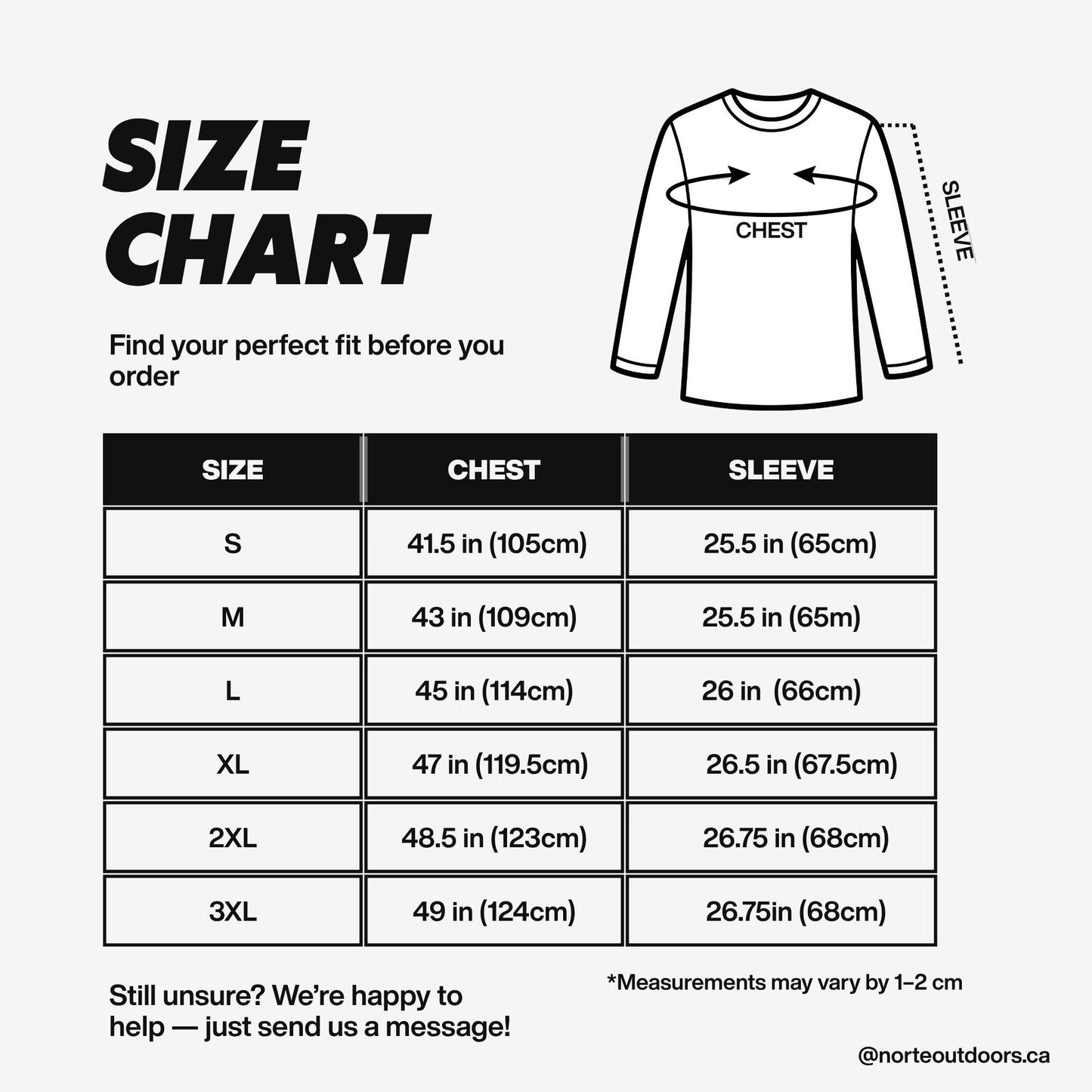 Size chart for men's long-sleeve fishing performance shirts showing chest and sleeve measurements in inches and centimeters.