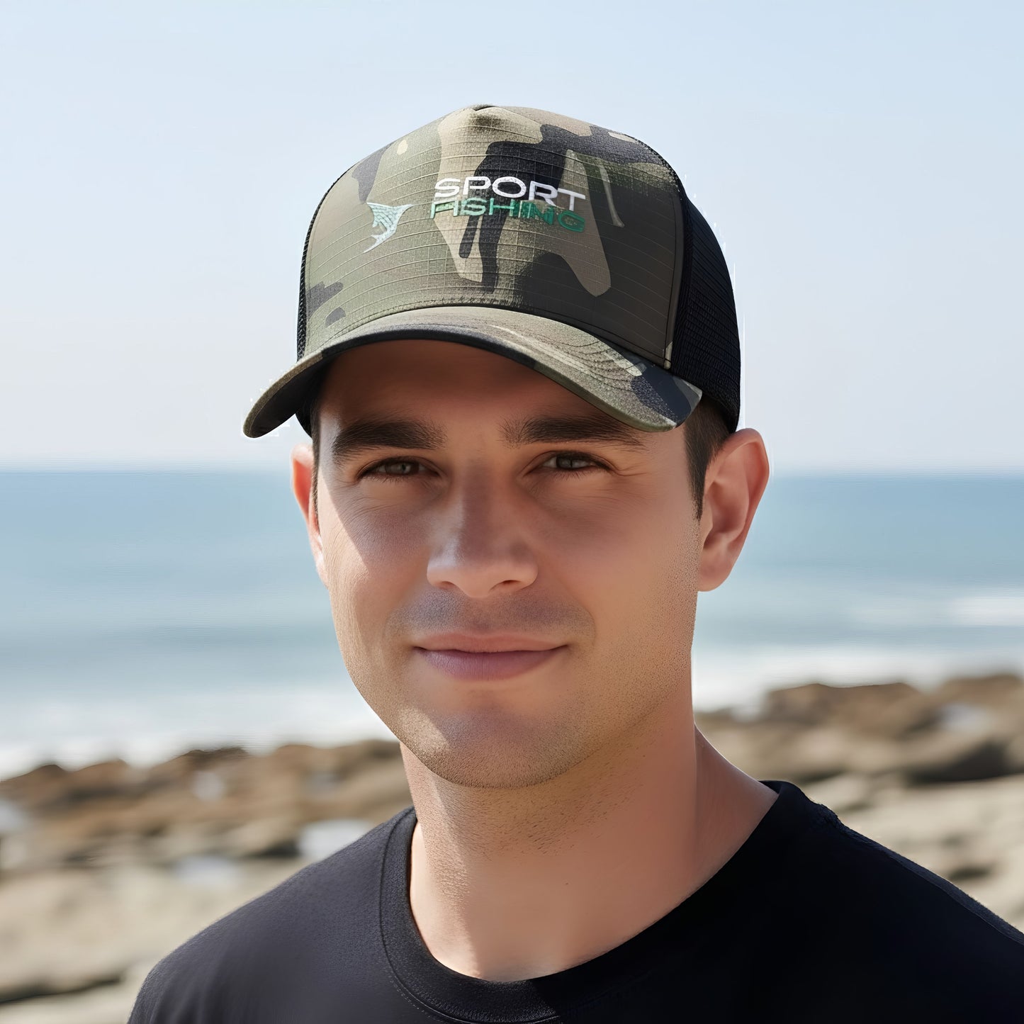 A man wearing a camouflage trucker hat with the Norte sport fishing logo, standing on a beach with the ocean and rocks in the background.