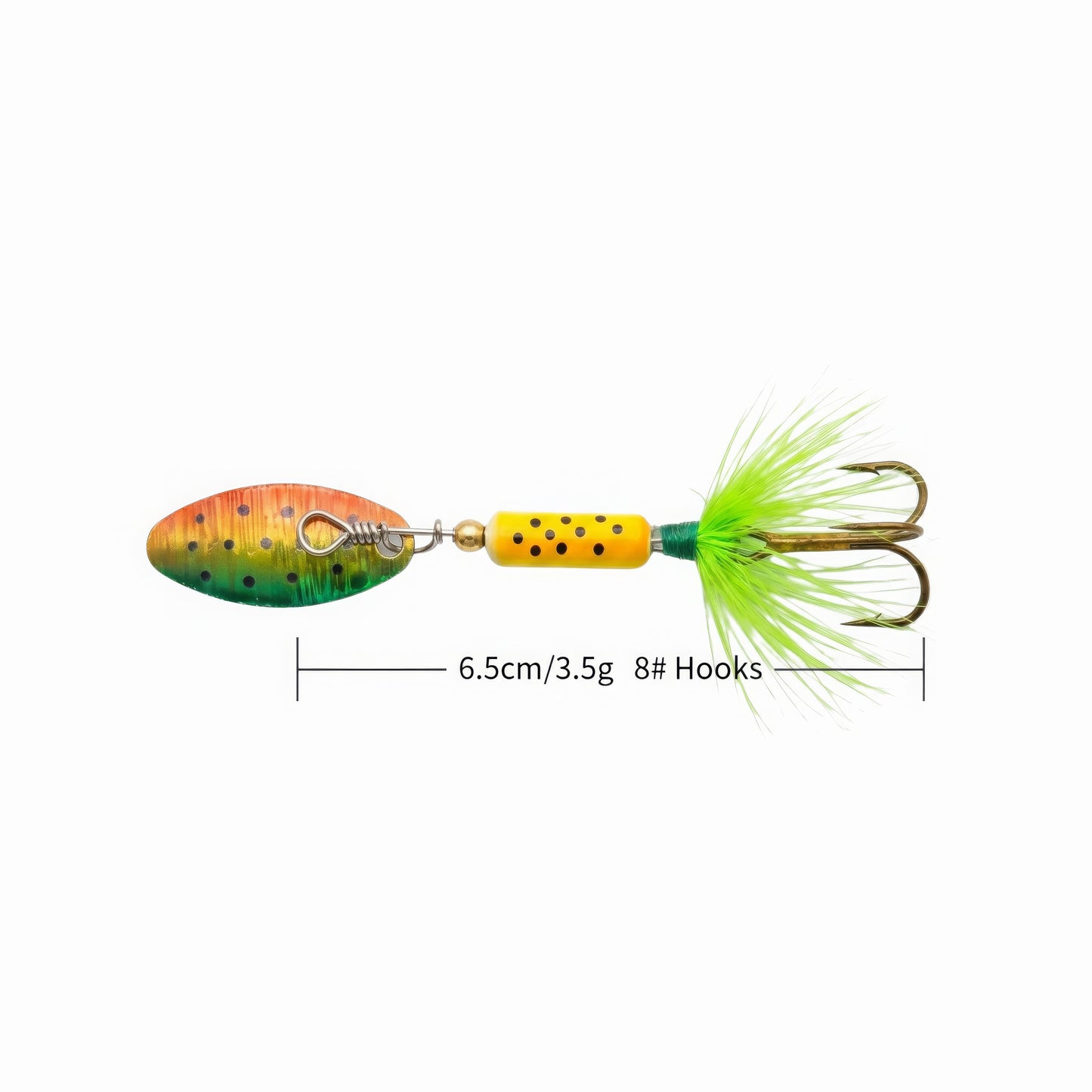 Inline spinner fishing lure with a green and orange spotted blade, yellow body, and chartreuse feathered treble hook, showing dimensions of 6.5cm, 3.5g weight, and size 8 hooks.