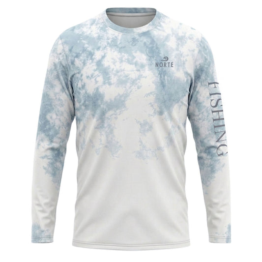 Norte Mist Flow Long Sleeve Fishing Shirt in Mist Blue Tie-Dye with UPF 50+ Sun Protection and "Fishing" Sleeve Branding.