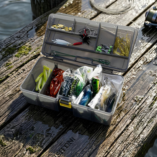 An open, double-layer family fishing tackle box filled with colorful lures, hooks, and starter gear, sitting on a wet wooden dock by the water.