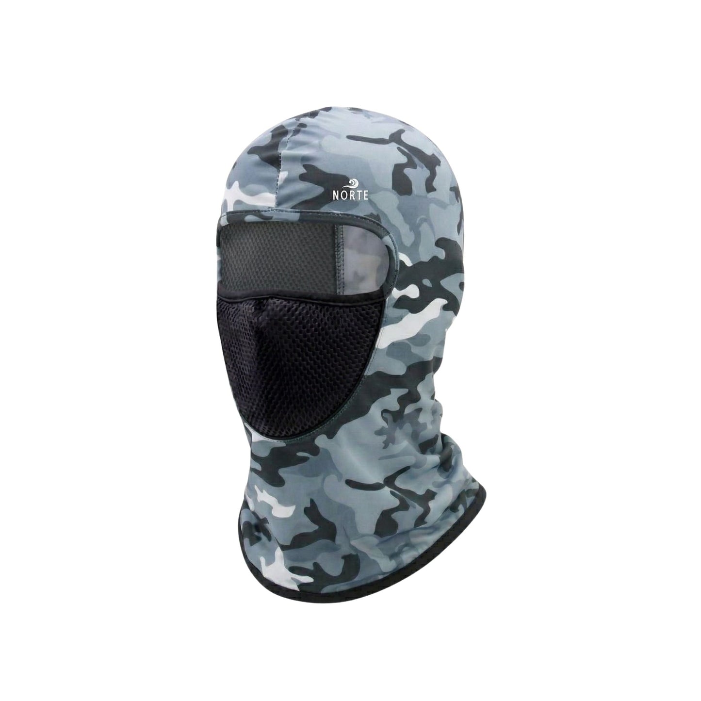 Norte Performance Balaclava in Ice Camo with breathable black mesh face protection, moisture-wicking sun shielding, and a tactical winter camouflage finish .