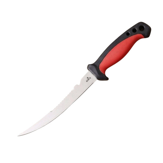 Norte Technical Fillet & Boning knife with a Crimson Red non-slip ergonomic handle, German stainless steel blade, and integrated scale scraper for precision fish processing .