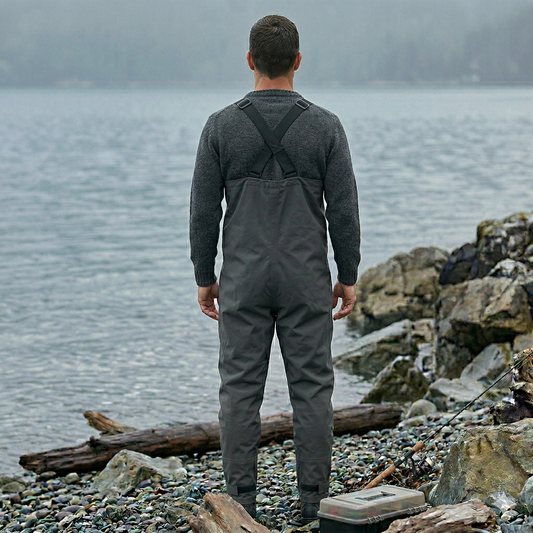 Rear view of Norte waterproof PU bib overalls, highlighting the ergonomic strap design and full-coverage protection for heavy-duty outdoor work.