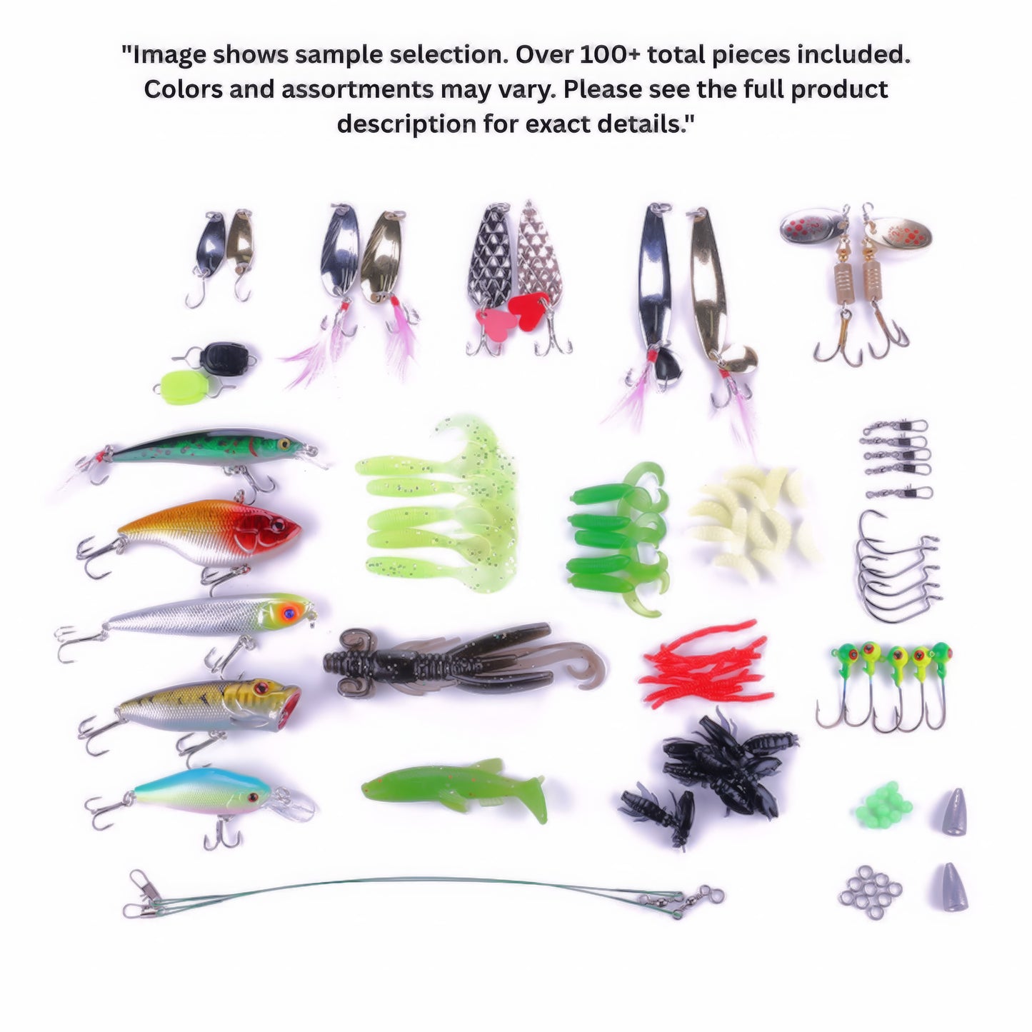 An overview of the contents included in the Ready-To-Fish Family Starter Tackle Box, showing a variety of fishing lures, hooks, soft baits, weights, and tools laid out on a white background with a sample selection disclaimer text at the top.