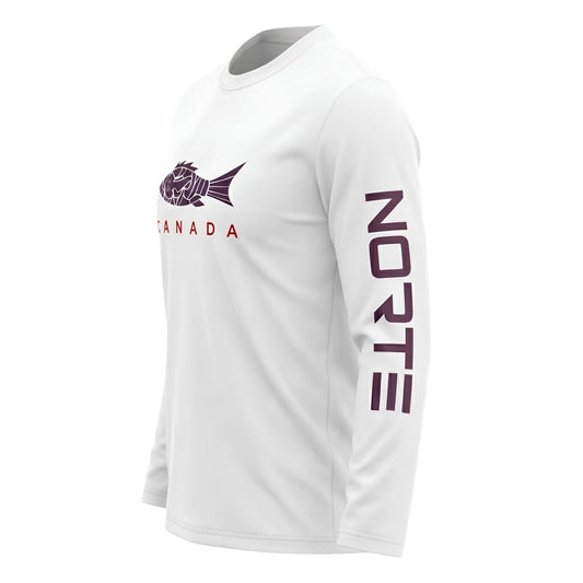 Youth white long-sleeve performance shirt with a dark black fish graphic, red 'CANADA' text on the chest, and 'NORTE' printed vertically on the sleeve.