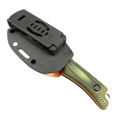 Norte Field & Camp Fixed Blade secured in a black Kydex sheath with a multi-positional belt clip for horizontal or vertical EDC carry.