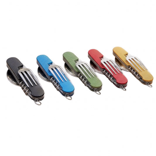 Set of five multi-functional camping cutlery tools in black, blue, green, red, and yellow on a white background.