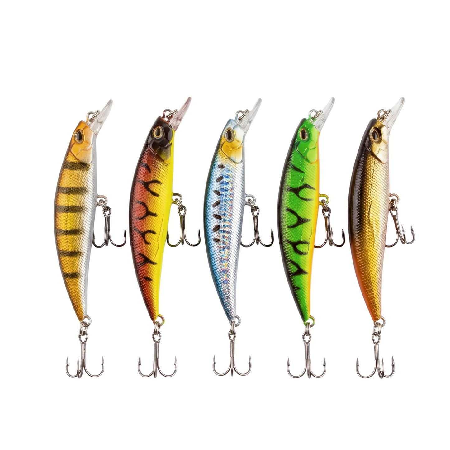  A set of five colorful minnow hard lures with different patterns including perch, firetiger, and silver, featuring treble hooks and diving lips on a white background.