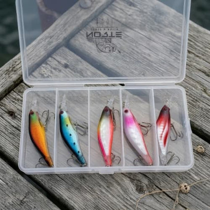 A clear plastic divided fishing lure case sitting open on a weathered wooden dock, containing five colorful deep-diving minnow hard baits in high-contrast orange, blue, red, pink, and silver colorways.