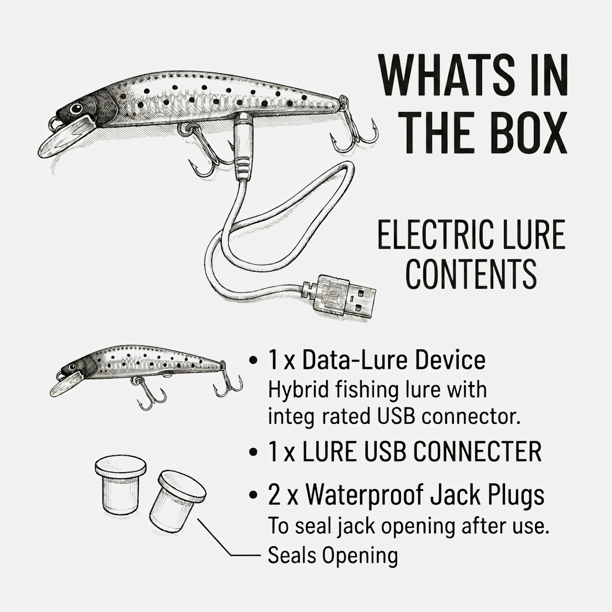 Illustrated diagram showing the contents of the Electric Tremor Minnow kit, including one Data-Lure Device, one USB connector cable, and two waterproof jack plugs for sealing the charging port.