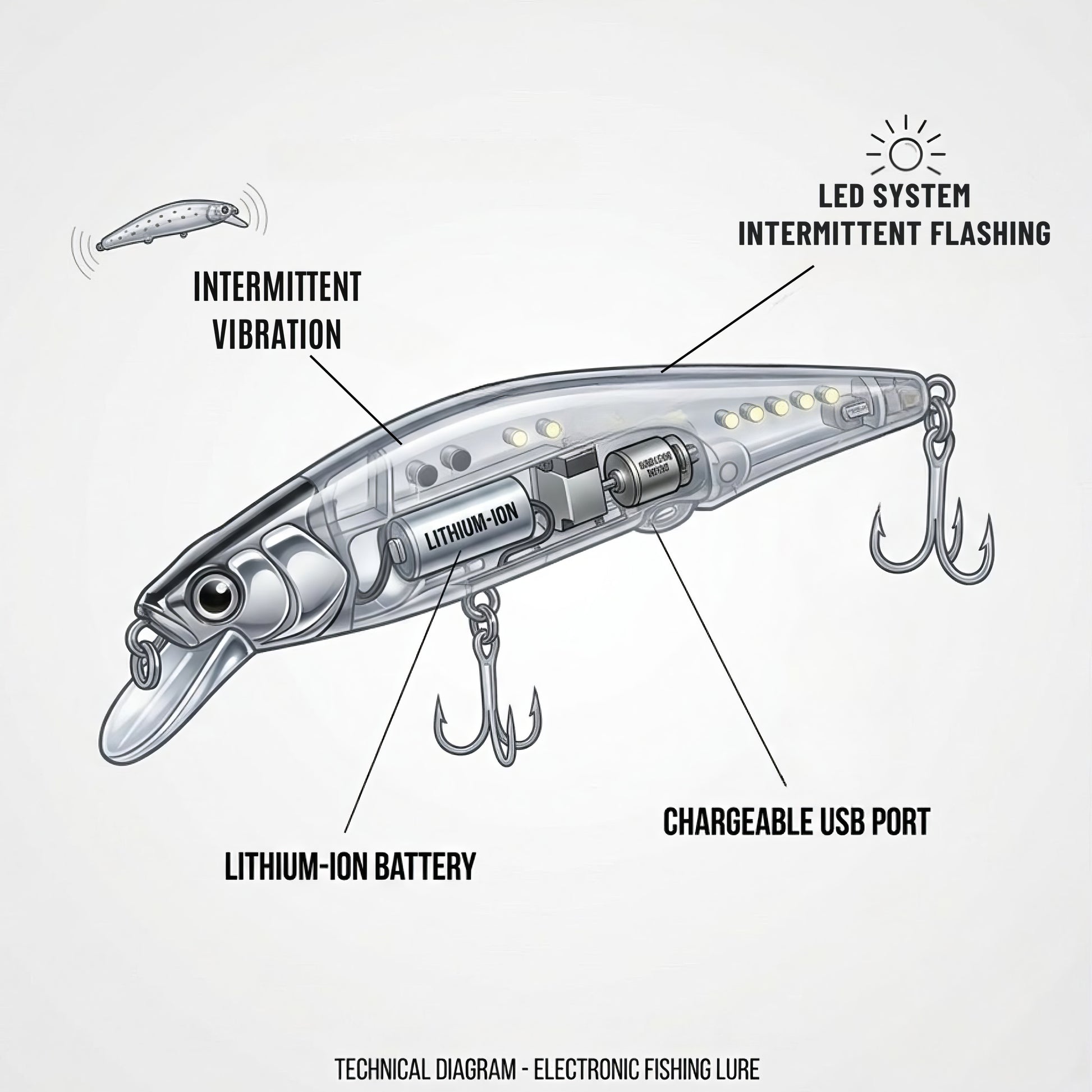 Technical diagram of an electronic fishing lure showing internal components: lithium-ion battery, motor for intermittent vibration, LED flashing system, and underside USB charging port.