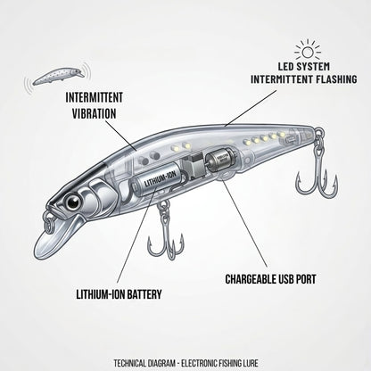 Technical diagram of an electronic fishing lure showing internal components: lithium-ion battery, motor for intermittent vibration, LED flashing system, and underside USB charging port.