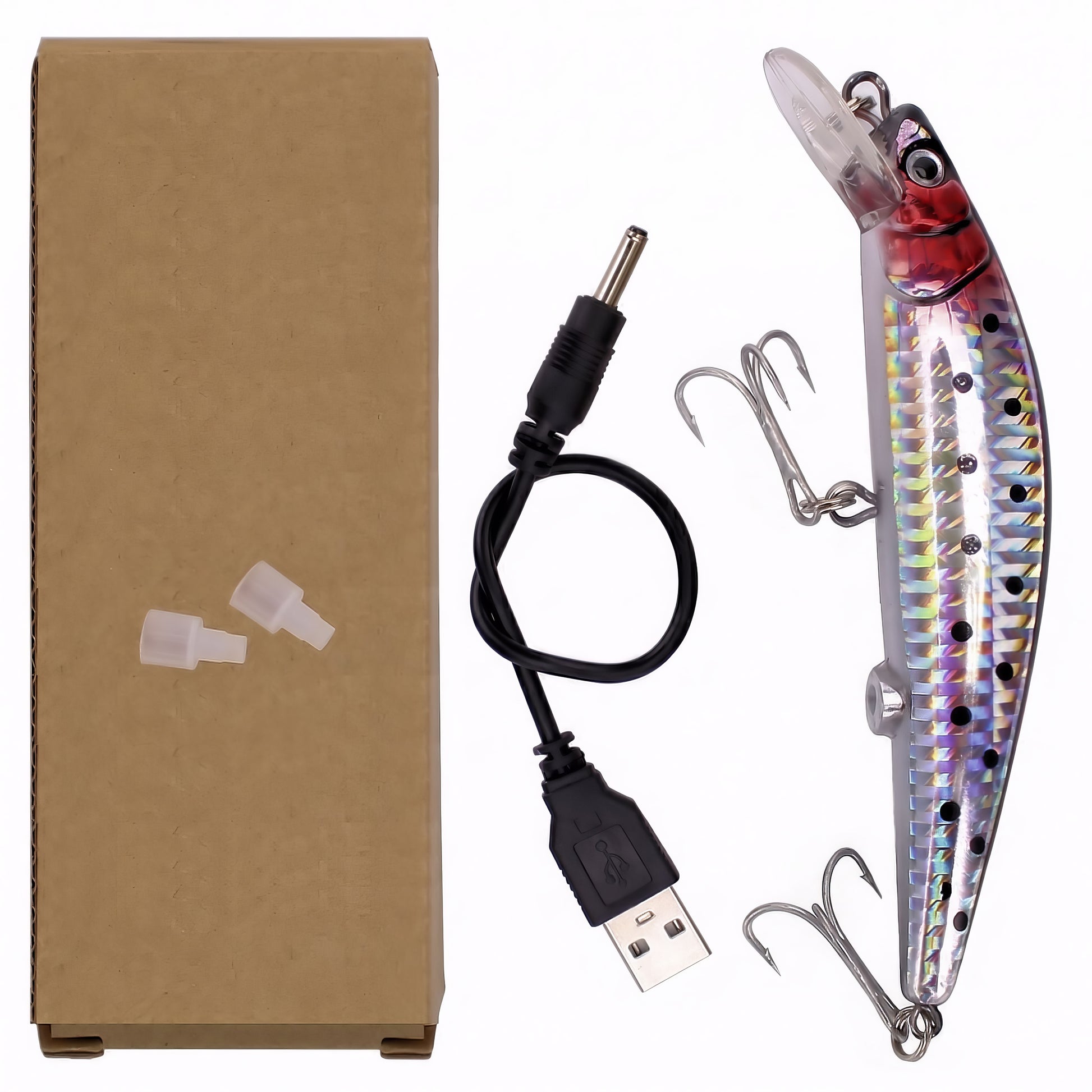 Complete Electric Tremor Minnow kit including a holographic vibrating lure, USB charging cable, protective hook caps, and eco-friendly cardboard packaging.