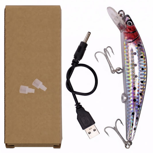 Complete Electric Tremor Minnow kit including a holographic vibrating lure, USB charging cable, protective hook caps, and eco-friendly cardboard packaging.