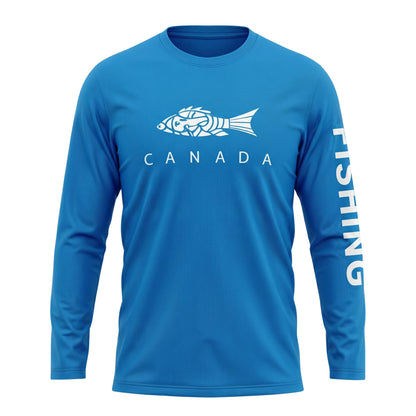Men's bright blue long-sleeve performance fishing shirt featuring a white stylized fish graphic with "CANADA" on the chest and "FISHING" printed down the left sleeve.