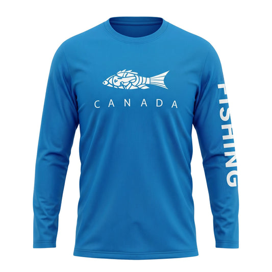 Men's bright blue long-sleeve performance fishing shirt featuring a white stylized fish graphic with "CANADA" on the chest and "FISHING" printed down the left sleeve.