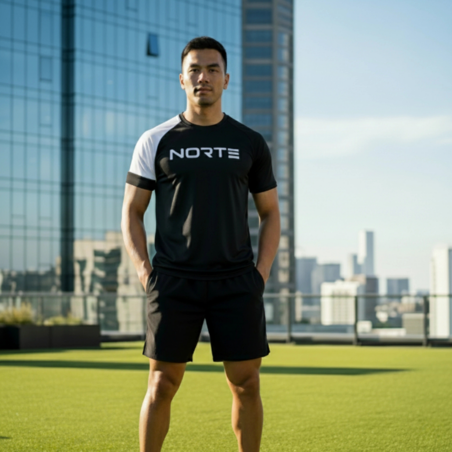 Person wearing a black and white 'Norte' t-shirt standing on a rooftop with city skyline in the background