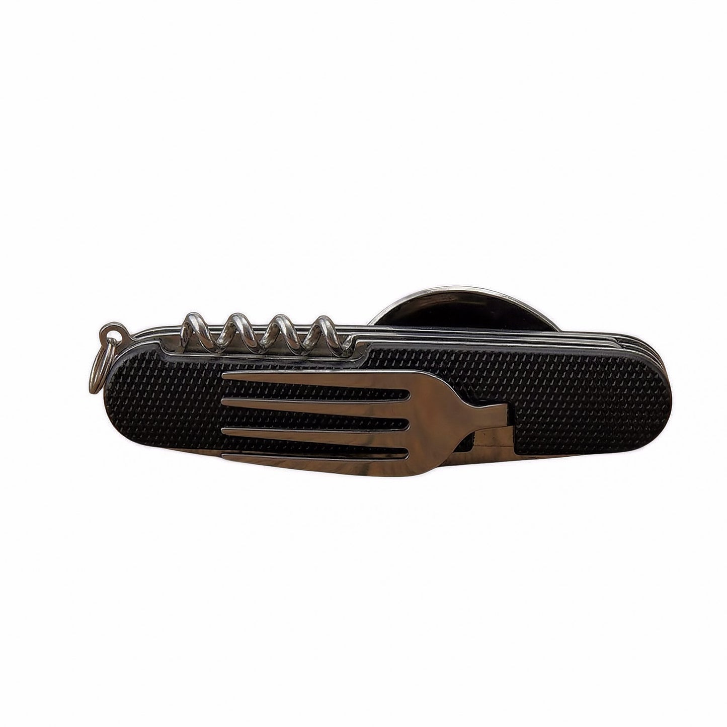 A folded Norte multi-tool with a textured yellow gold finish featuring a stainless steel fork and corkscrew on the exterior.