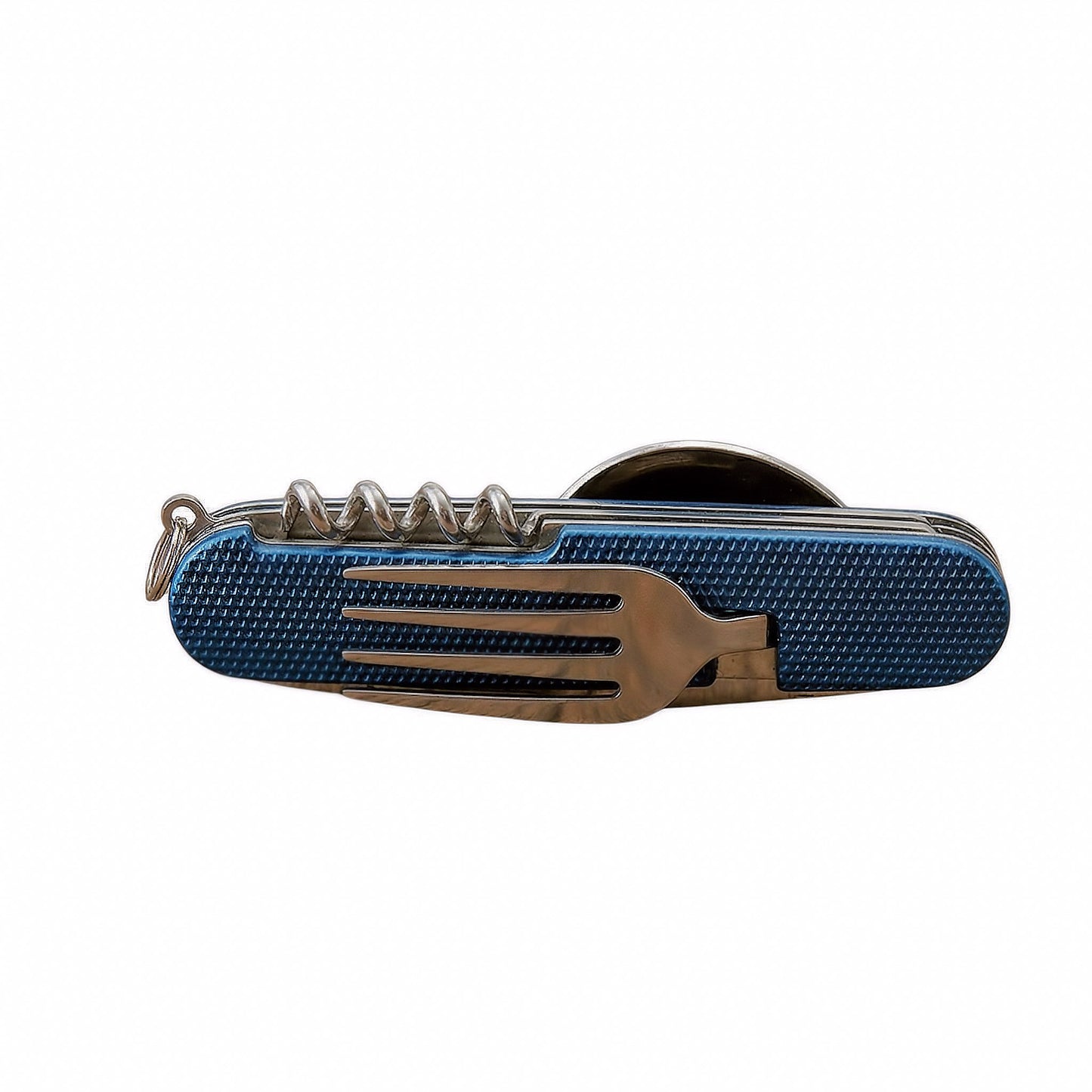 A folded Norte multi-tool with a textured yellow gold finish featuring a stainless steel fork and corkscrew on the exterior.