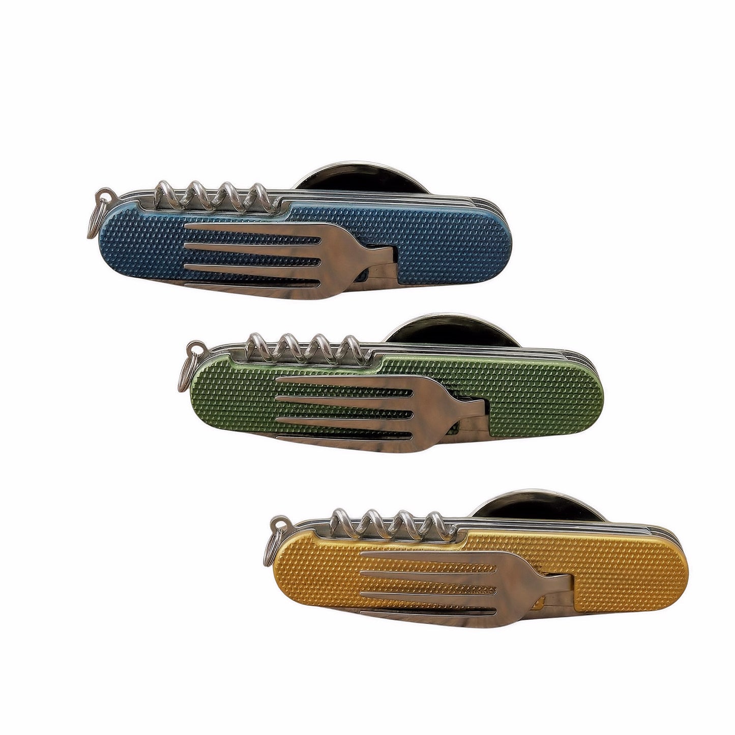 Three Norte detachable multi-tools shown in a row, featuring textured finishes in blue, olive green, and yellow gold, highlighting the different color options for the Q3 collection.