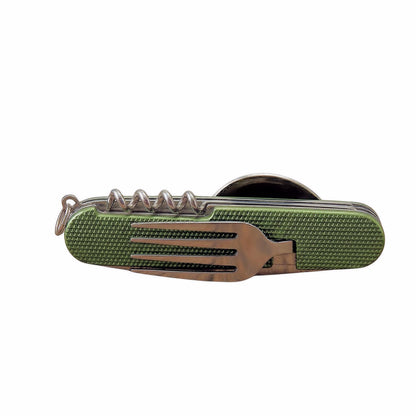 A folded Norte multi-tool with a textured yellow gold finish featuring a stainless steel fork and corkscrew on the exterior.
