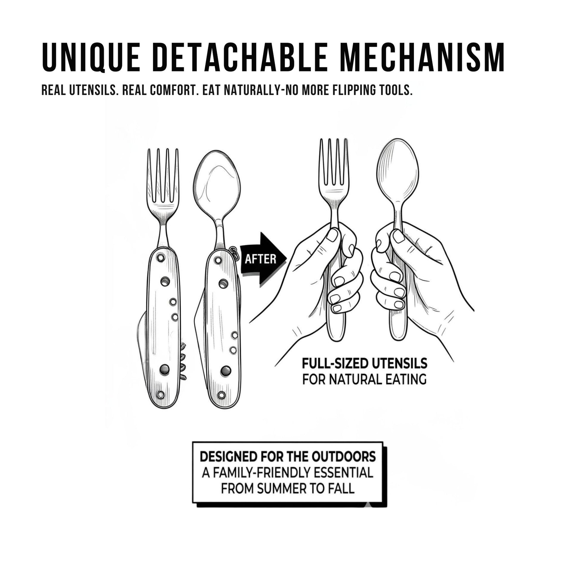Black and white technical drawing of a Norte multi-tool showing the unique detachable mechanism separating into a full-sized fork and spoon for natural eating.