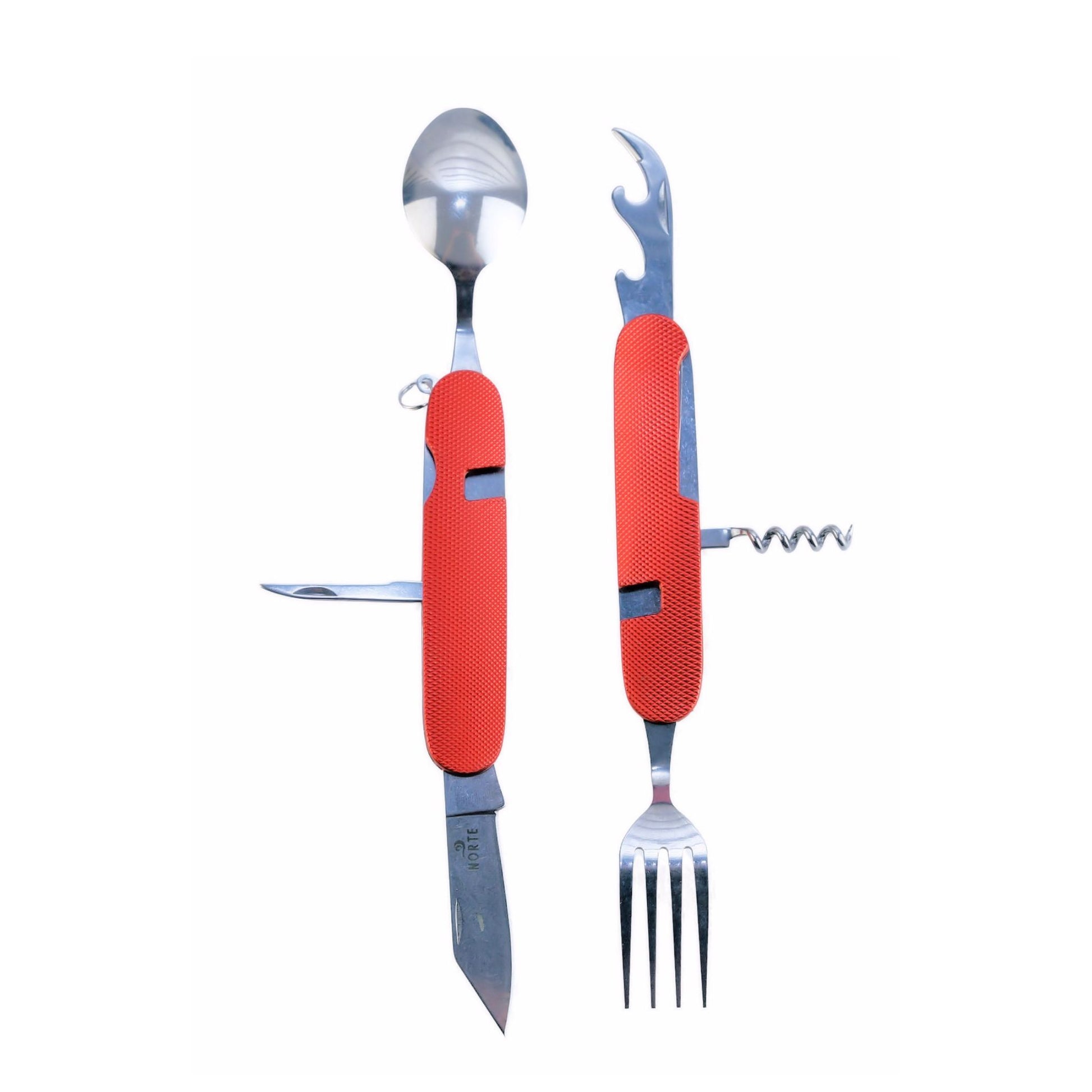 A separated Norte multi-tool in textured orange-red, showing the two independent halves with an open spoon, fork, knife blade, corkscrew, and bottle opener.