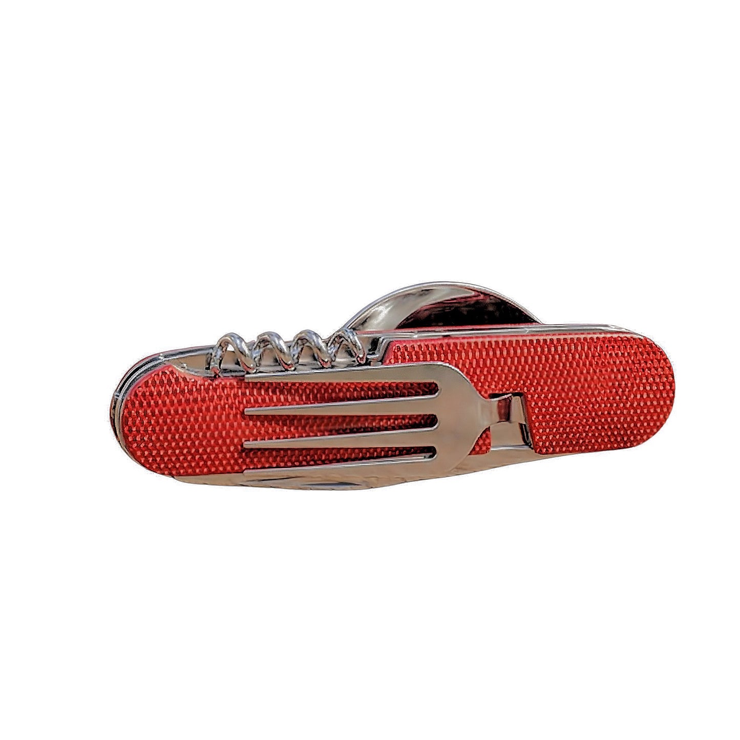 A folded Norte multi-tool with a textured yellow gold finish featuring a stainless steel fork and corkscrew on the exterior.