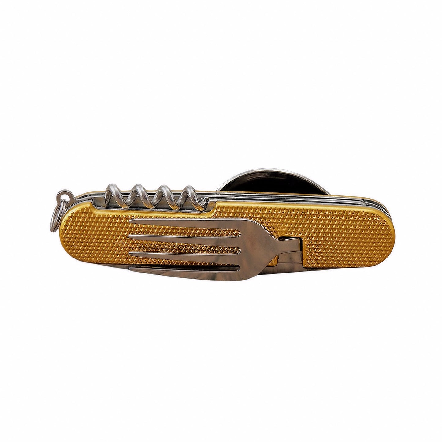 A folded Norte multi-tool with a textured yellow gold finish featuring a stainless steel fork and corkscrew on the exterior.