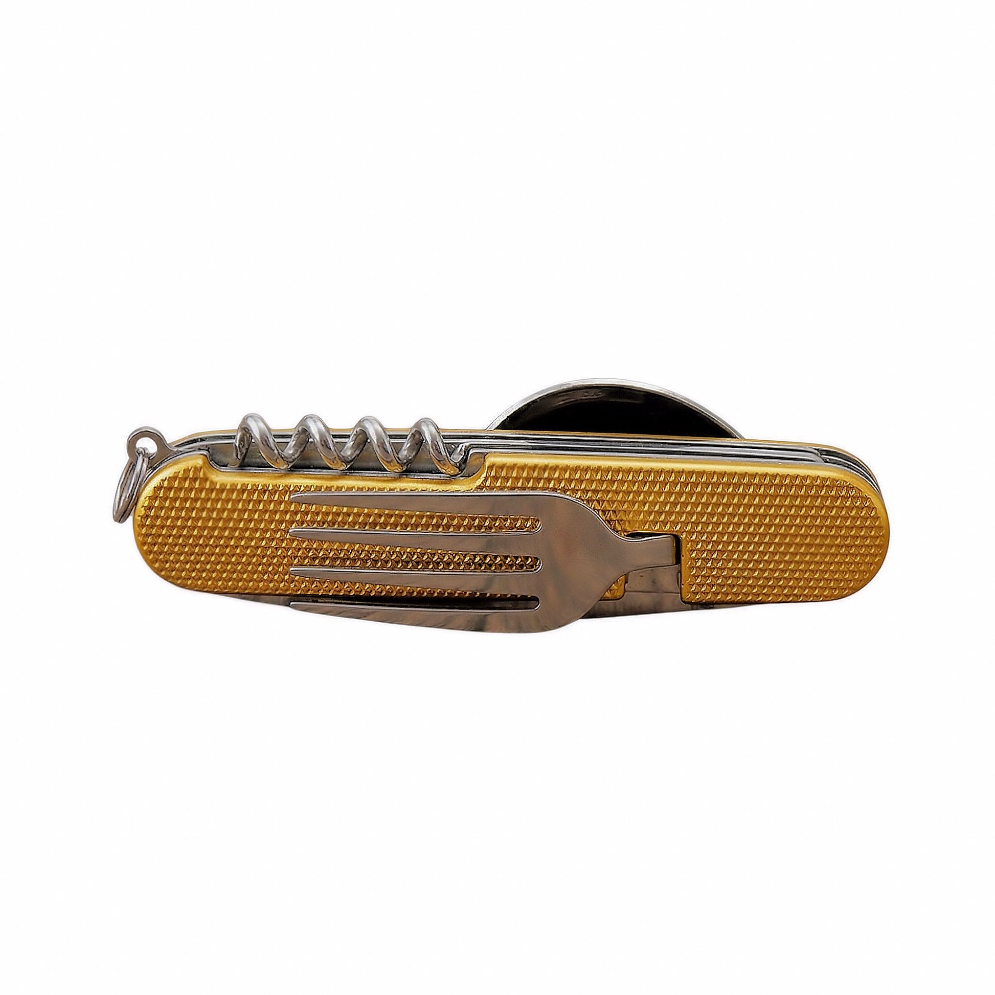 A folded Norte multi-tool with a textured yellow gold finish featuring a stainless steel fork and corkscrew on the exterior.