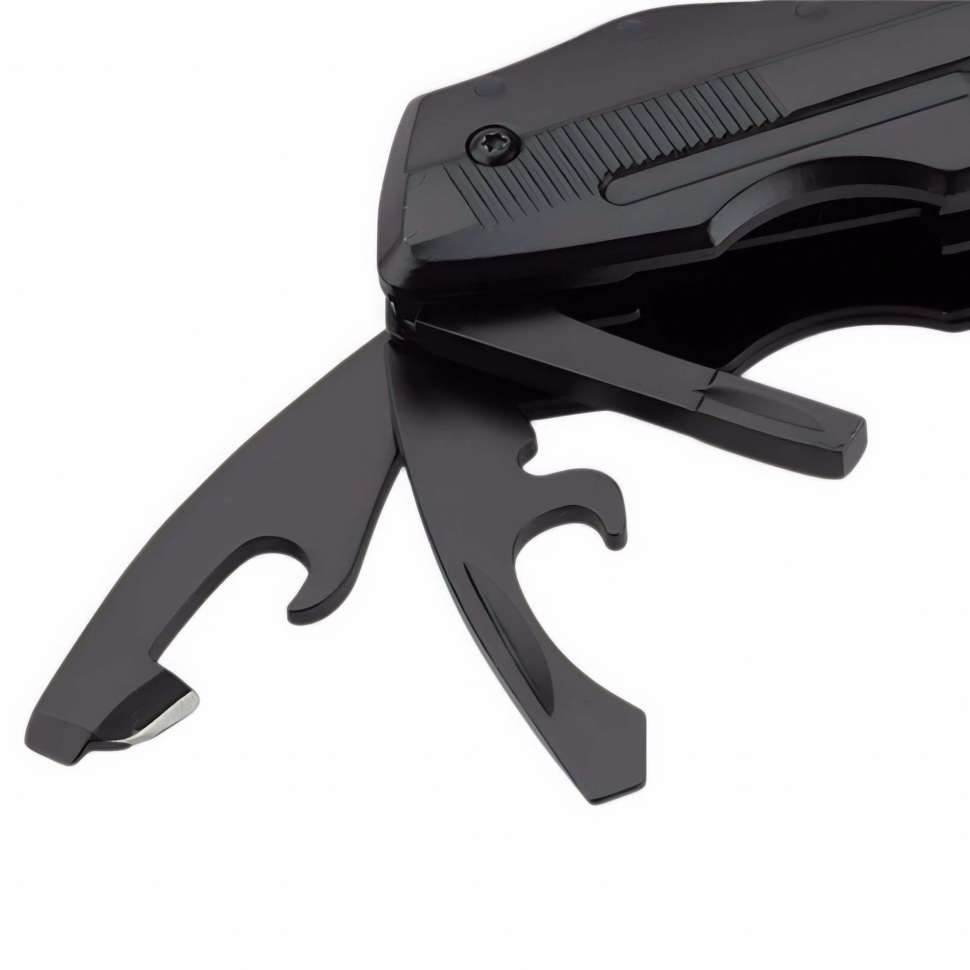 Close-up detail of a black Norte heavy-duty multitool showing the locking mechanism, flathead screwdriver, bottle opener, and can opener tools.