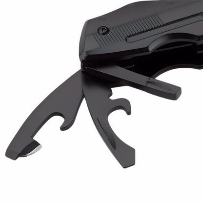 Close-up detail of a black Norte heavy-duty multitool showing the locking mechanism, flathead screwdriver, bottle opener, and can opener tools.
