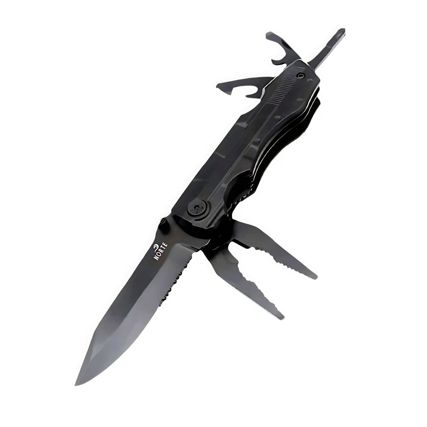 A black Norte heavy-duty multitool in the open position, displaying its partially serrated knife blade with logo, needle-nose pliers, wire cutters, and bottle opener against a clean white background.