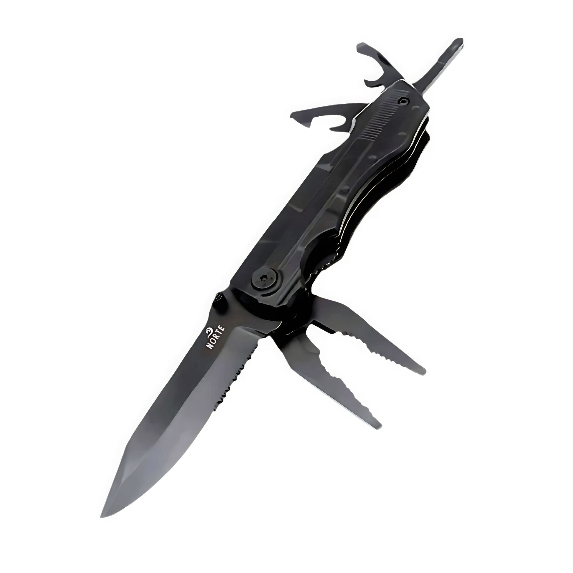 A black Norte heavy-duty multitool in the open position, displaying its partially serrated knife blade with logo, needle-nose pliers, wire cutters, and bottle opener against a clean white background.