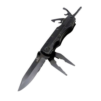 A black Norte heavy-duty multitool in the open position, displaying its partially serrated knife blade with logo, needle-nose pliers, wire cutters, and bottle opener against a clean white background.