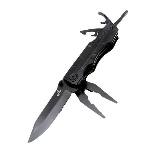 A black Norte heavy-duty multitool in the open position, displaying its partially serrated knife blade with logo, needle-nose pliers, wire cutters, and bottle opener against a clean white background.