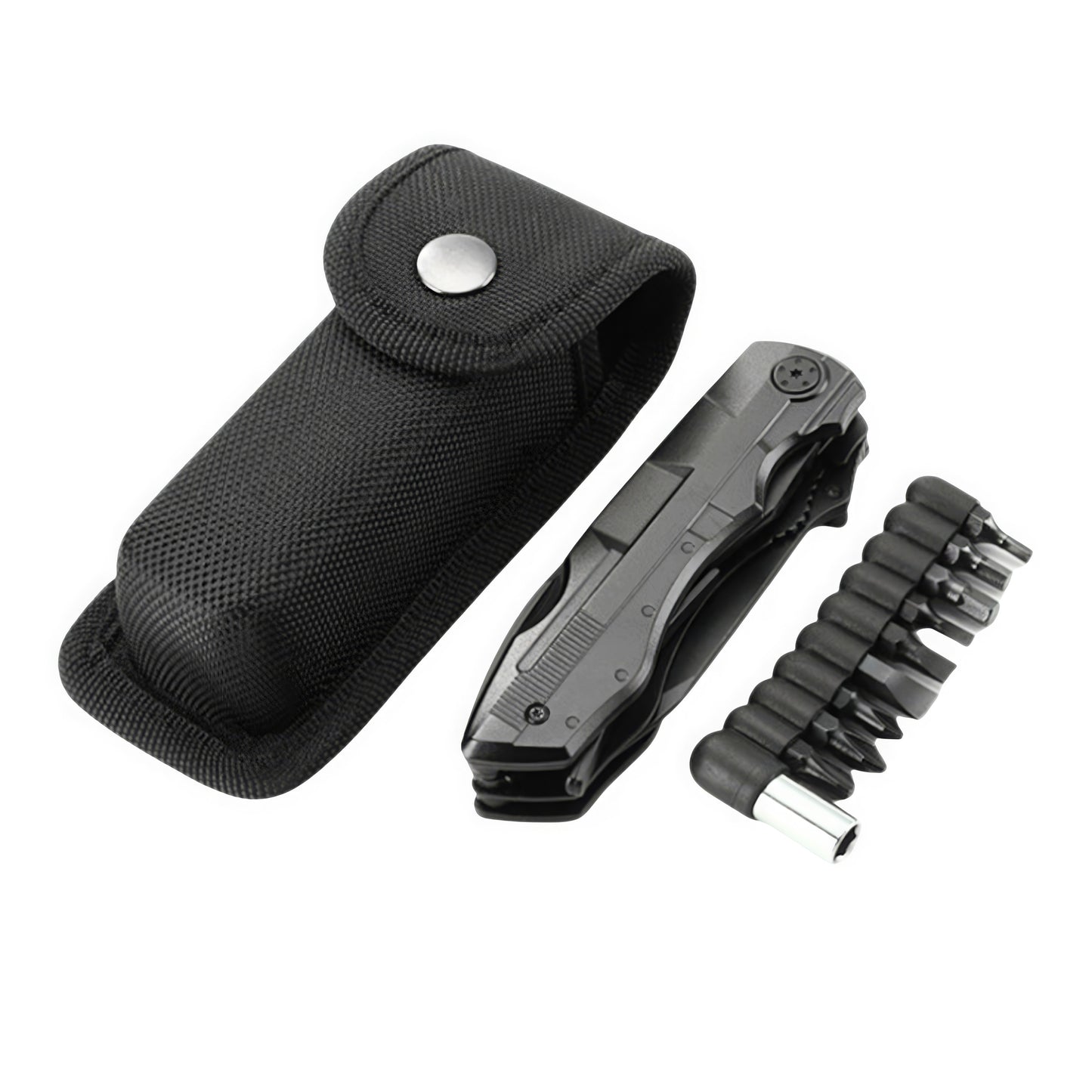 Norte heavy-duty black multitool shown folded next to its 9-piece screwdriver bit set and reinforced heavy-duty nylon belt-loop sheath.