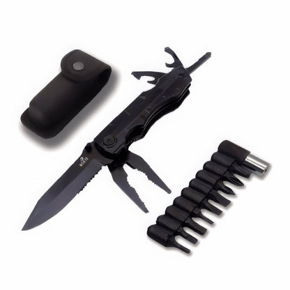 Black Norte heavy-duty outdoor multitool shown with its 9-piece interchangeable bit set, partially serrated knife blade, pliers, and reinforced nylon belt-loop sheath.