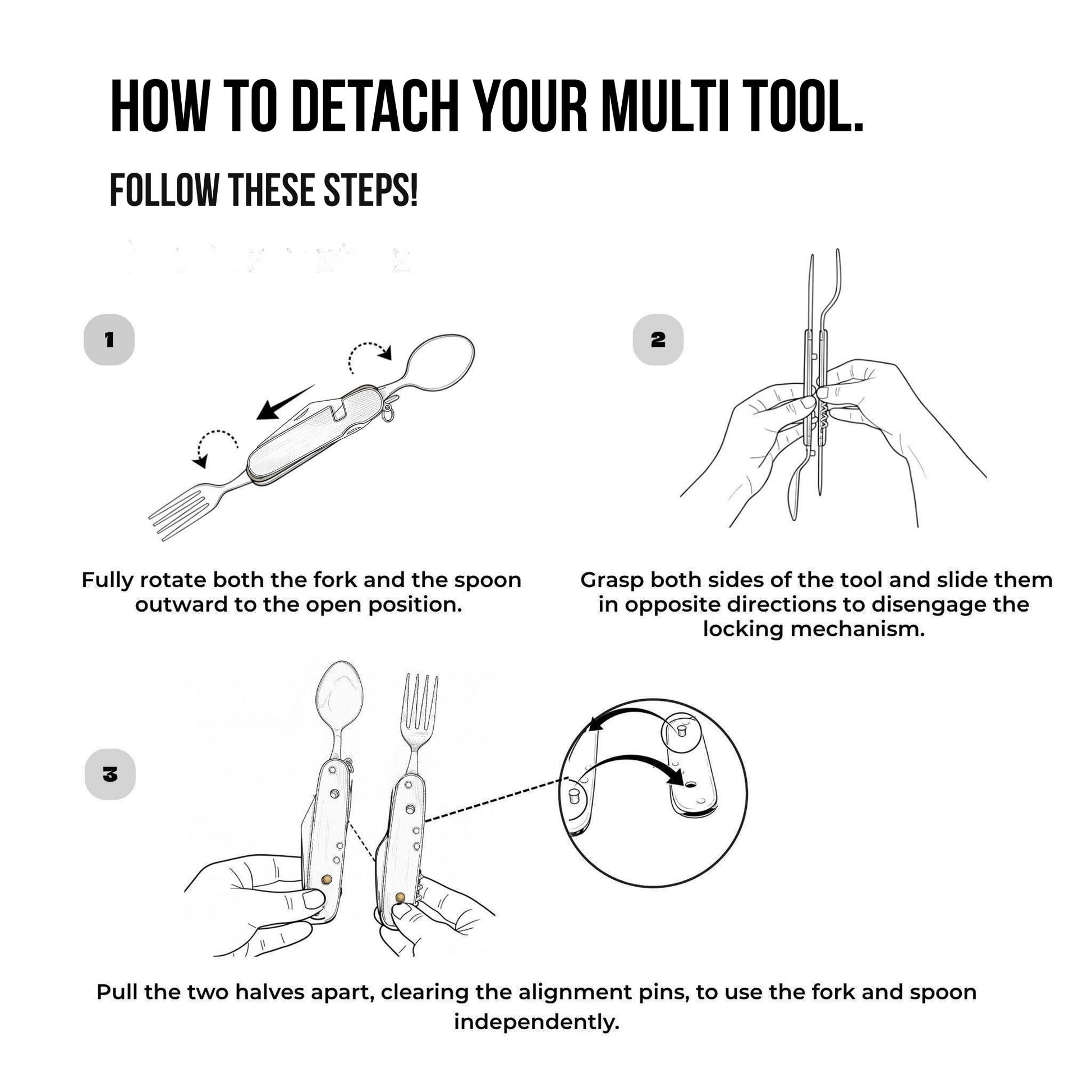 Step-by-step technical drawing showing how to detach the Norte multi-tool by rotating the fork and spoon, sliding the handles in opposite directions, and separating the locking mechanism pins.