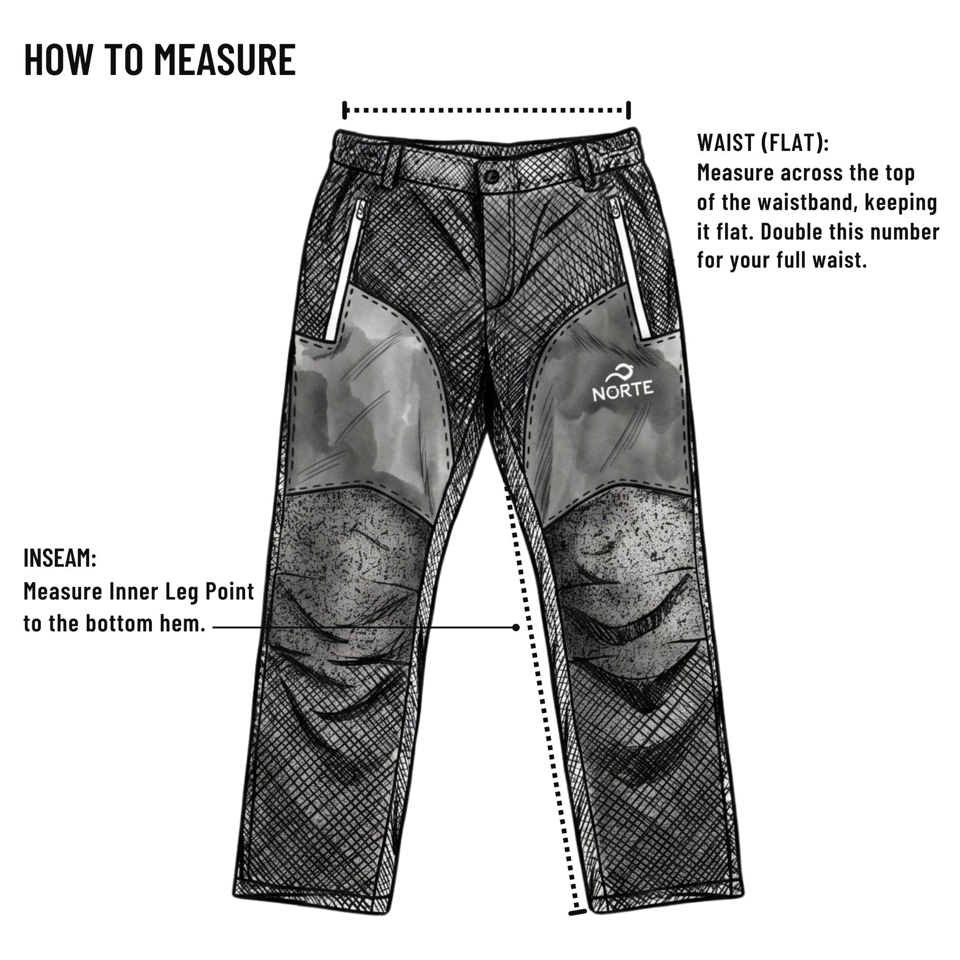 How to measure guide for Norte performance hiking pants, showing waist and inseam measurement lines for men's technical apparel.
